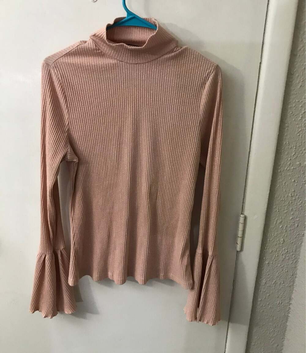 SHEIN Curve Flounce Sleeve Pink Sparkly Turtleneck Sweater 1XL Coquette Girl